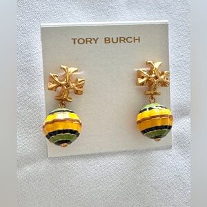 Tory Burch Roxanne Gold Enamel Striped Drop Logo Earrings. New On Card. Pretty😍